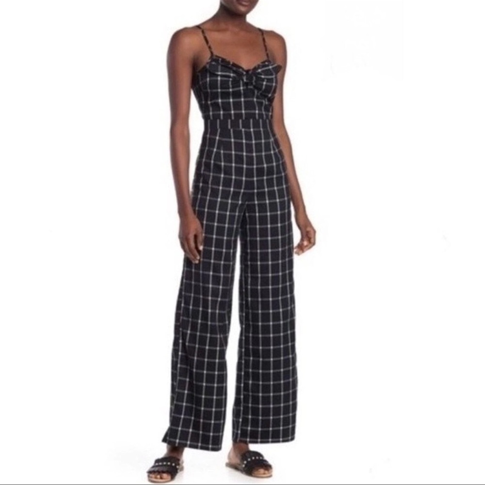 Romeo & Juliet Couture Front Tie Plaid Black & White Wide Leg Jumpsuit